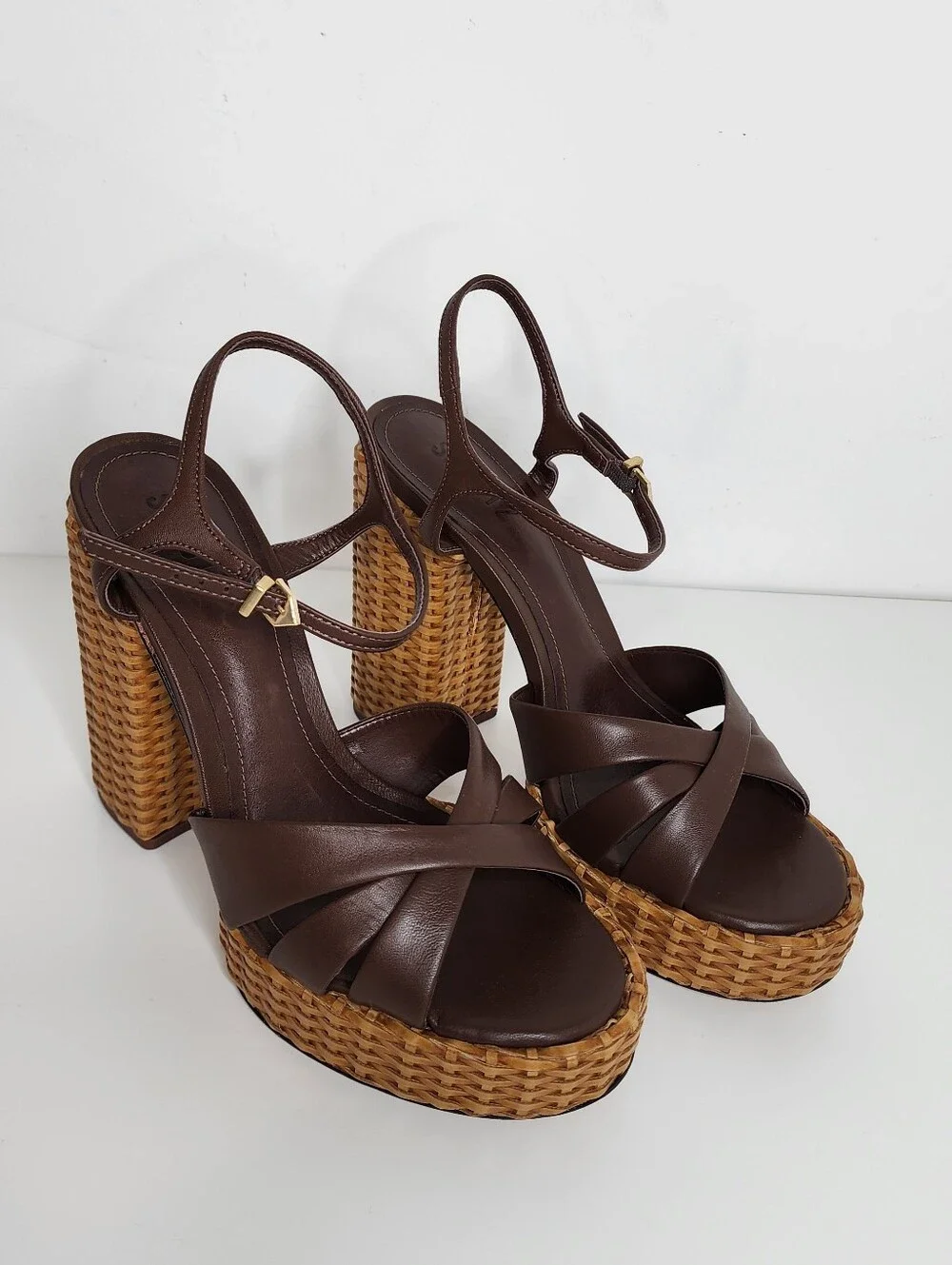 SCHUTZ Keefa Brown Leather Woven-Platform Heel Sandal Size 9.5
